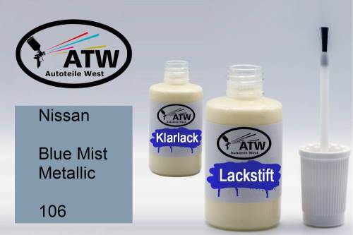 Nissan, Blue Mist Metallic, 106: 20ml Lackstift + 20ml Klarlack - Set, von ATW Autoteile West.